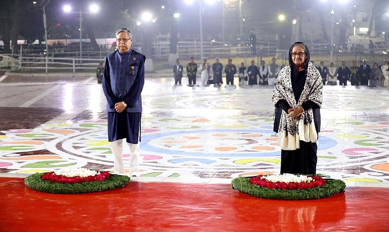 President Mohammed Shahabuddin and Prime Minister Sheikh Hasina pay tributes to the martyrs of the historic Language Movement at the Central Shaheed Minar in Dhaka on 21 February 2024 marking the International Mother Language Day.