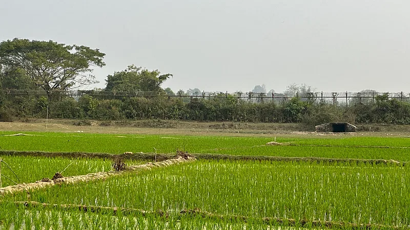 Barbed Wire Fencing along Bangladesh-Myanmar border in Ghumdhum, Naikhongchhari. The photo was taken from Ghumdhum's Paschimkul area at around 10:00 am on 8 February in 2024