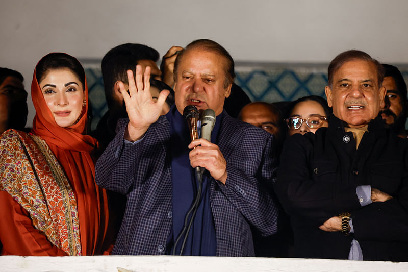 Nawaz Sharif speaks, flanked by his daughter and politician Maryam Nawaz Sharif and his brother and former Prime Minister Shahbaz Sharif, at the party office of Pakistan Muslim League (N) at Model Town in Lahore, Pakistan, 9 February, 2024.