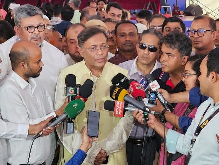 The foreign minister Hasan Mahmud  briefs journalists after attending an event in the capital on Saturday.