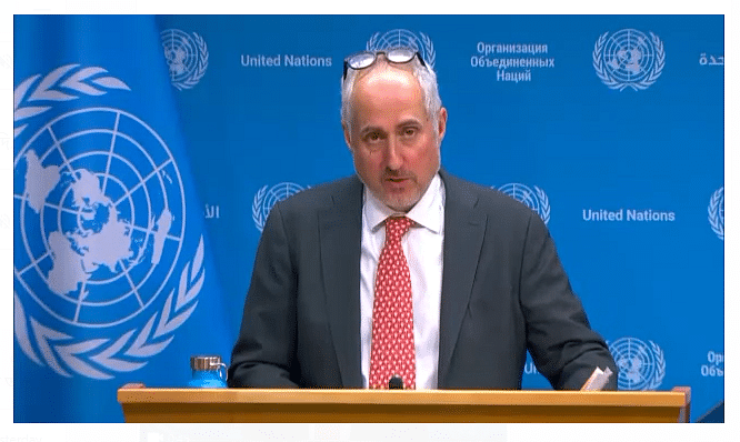 Stephane Dujarric, spokesperson for the UN secretary general, speaks at a regular press briefing at the UN on 15 February 2024.