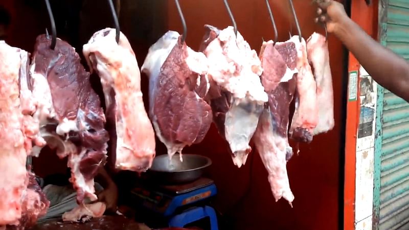 Photo shows beef at a butcher shop in Dhaka