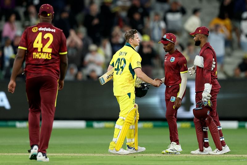 Australia’s Steve Smith celebrates victory after the first one-day international (ODI) cricket match between Australia and the West Indies at the Melbourne Cricket Ground (MCG) in Melbourne on 2 February, 2024