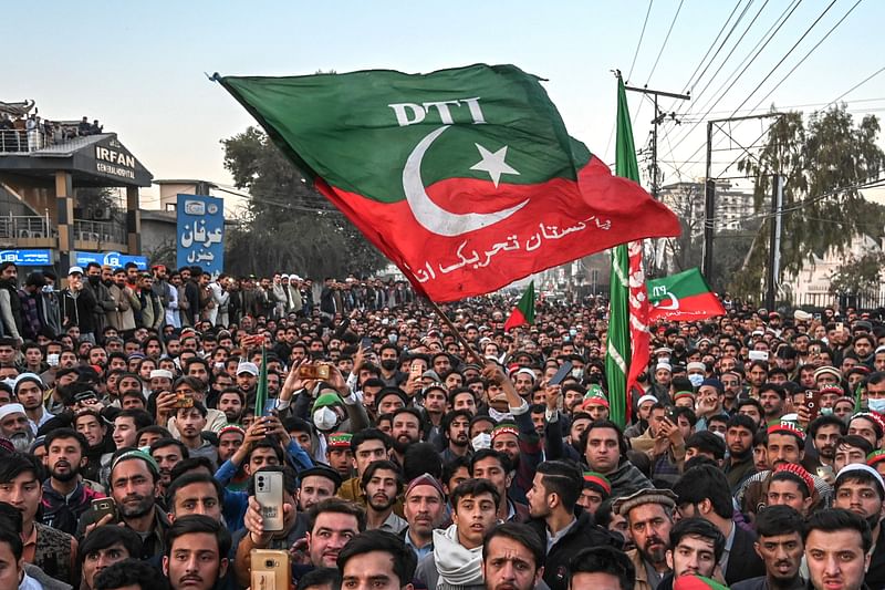 upporters of Pakistan Tehreek-e-Insaf (PTI) party protest outside the office of a Returning Officer in Peshawar on 9 February, 2024, against the alleged rigging in Pakistan's national election results