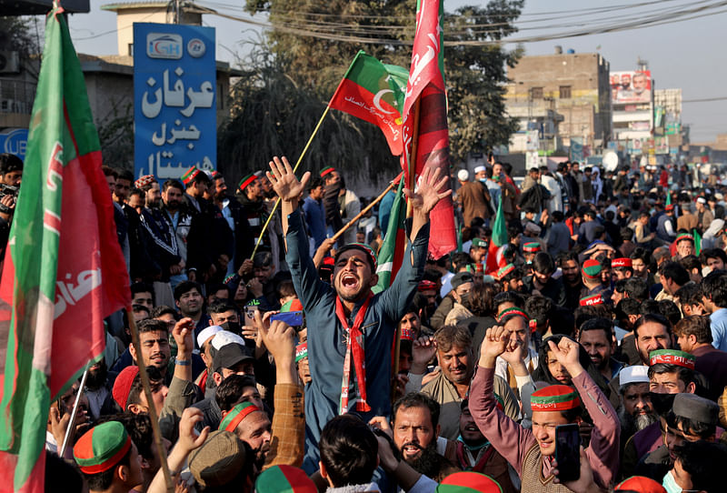 Supporters of Pakistani former Prime Minister Imran Khan's party, the Pakistan Tehreek-e-Insaf (PTI), attend a protest demanding free and fair results of the election, in Peshawar, Pakistan, 10 February, 2024.