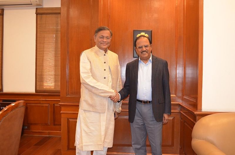 Foreign Minister Hasan Mahmud with India's National Security Advisor Ajit Doval in New Delhi on 7 February 2024.