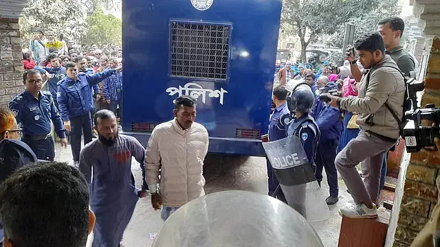 Accused in a gang rape that took place five years ago on the night of 11th parliamentary election in Noakhali are brought to the court. The picture was taken  at around 10:00am on Monday.