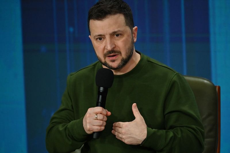 Ukraine's President Volodymyr Zelensky attends a press conference during the "Ukraine Year 2024" forum in Kyiv on 25 February, 2024, marking the second anniversary of the Russian invasion of Ukraine.