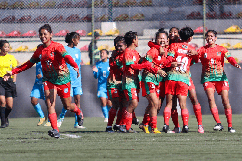 Bangladesh players celebrate a goal against strong India in the SAFF U-16 Women’s Championship