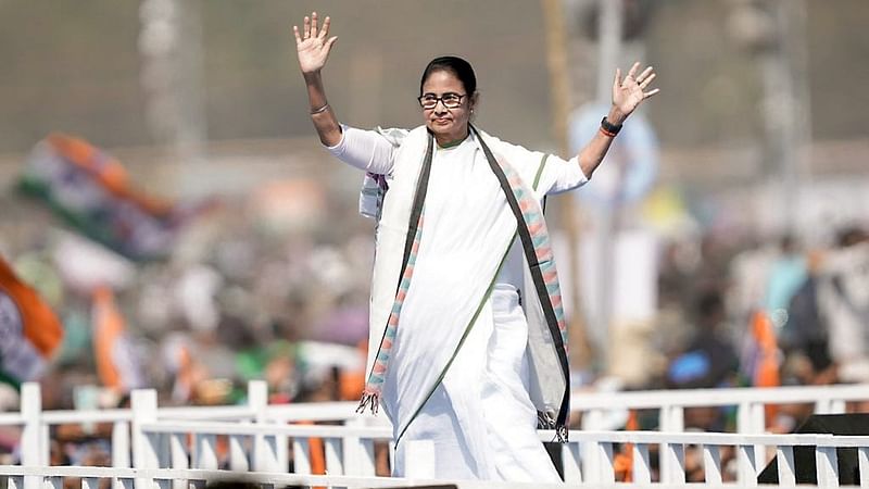 West Bengal Chief Minister Mamata Banerjee waves the supporters during the Jonogorjon Sabha, at the Brigade Ground, in Kolkata on 10 March, 2024