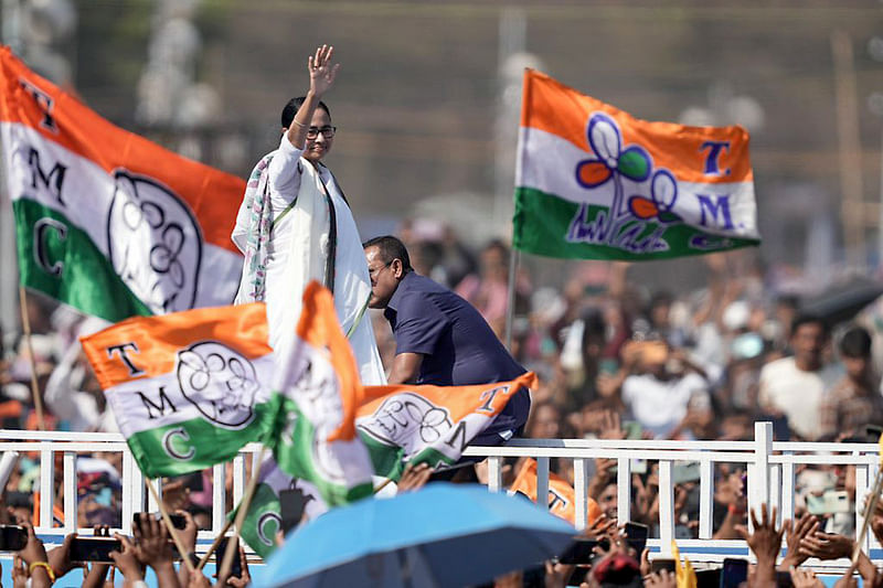 West Bengal Chief Minister Mamata Banerjee waves the supporters during the Jonogorjon Sabha, at the Brigade Ground, in Kolkata on 10 March, 2024