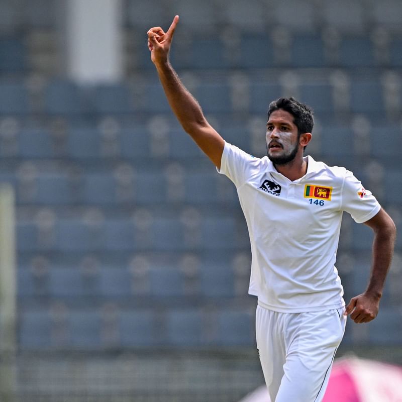 Sri Lanka's Kasun Rajitha celebrates after taking the wicket of Bangladesh's Mehidy Hasan Miraz during the fourth day of the first Test cricket match between Bangladesh and Sri Lanka at the Sylhet International Cricket Stadium in Sylhet on March 25, 2024.