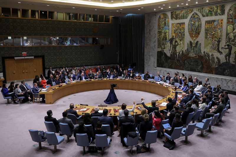 Members of the United Nations Security Council vote on a Gaza resolution that demands an immediate ceasefire for the month of Ramadan leading to a permanent sustainable ceasefire, and the immediate and unconditional release of all hostages, at UN headquarters in New York City, US, on 25 March, 2024