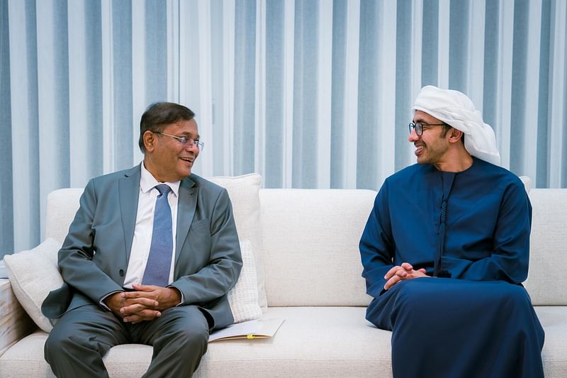 Bangladesh foreign minister Hasan Mahmud holds a bilateral meeting with UAE foreign minister Sheikh Abdullah bin Zayed Al Nahyan in his royal palace in the city of Al Ain in Abu Dhabi on Friday evening.