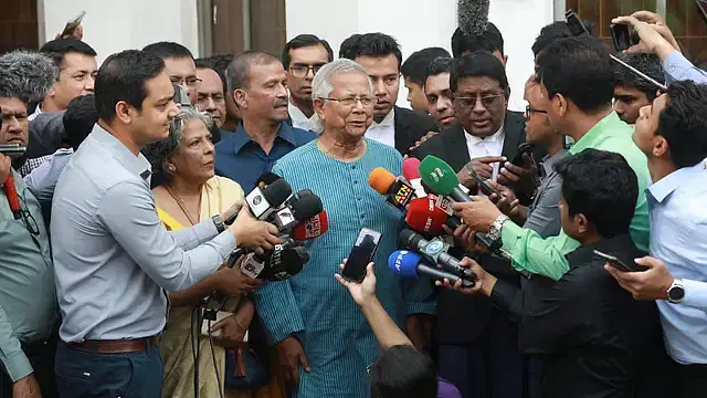 Dr Muhammad Yunus speaking with newsmen at the tribunal of  Kakrail in the capital on Sunday.