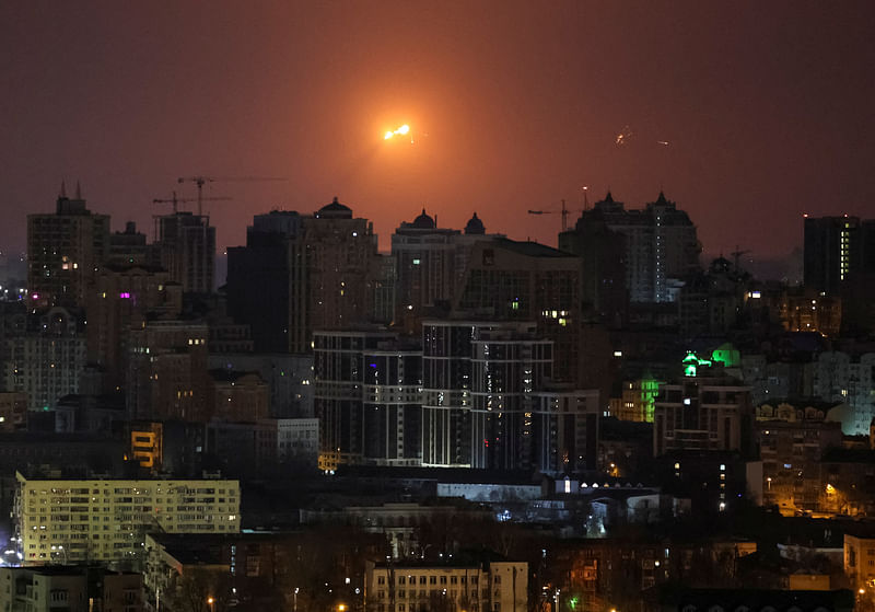 An explosion of a missile is seen in the sky over the city during a Russian missile strike, amid Russia’s attack on Ukraine, in Kyiv, Ukraine on 24 March, 2024