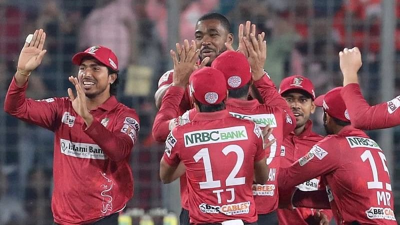 Fortune Barishal players celebrate taking a wicket of Comilla Victorians in the BPL final on 1 March in 2024