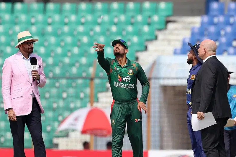 Bangladesh skipper Najmul Hossain Shanto flips the coin in the toss of the 1st ODI at Zahur Ahmed Chowdhury Stadium in Chattogram on 13 March, 2024