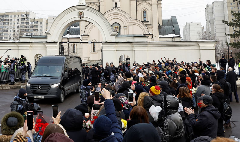 A hearse, which reportedly transports a coffin with the body of Russian opposition politician Alexei Navalny, is parked outside the Soothe My Sorrows church before a funeral service and farewell ceremony in Moscow, Russia, on 1 March, 2024