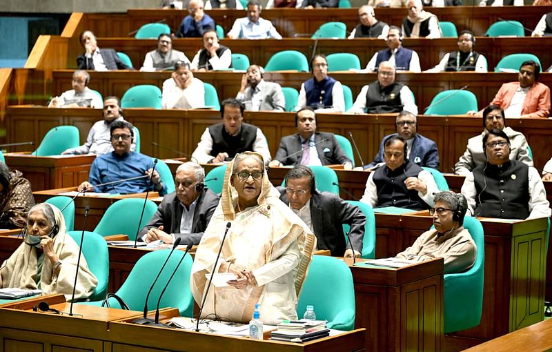 Prime Minister Sheikh Hasina speaks in parliament on 5 March in 2024