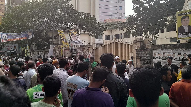 Relatives of arrested people gather outside the Dhaka CMM court on 5 March in 2024