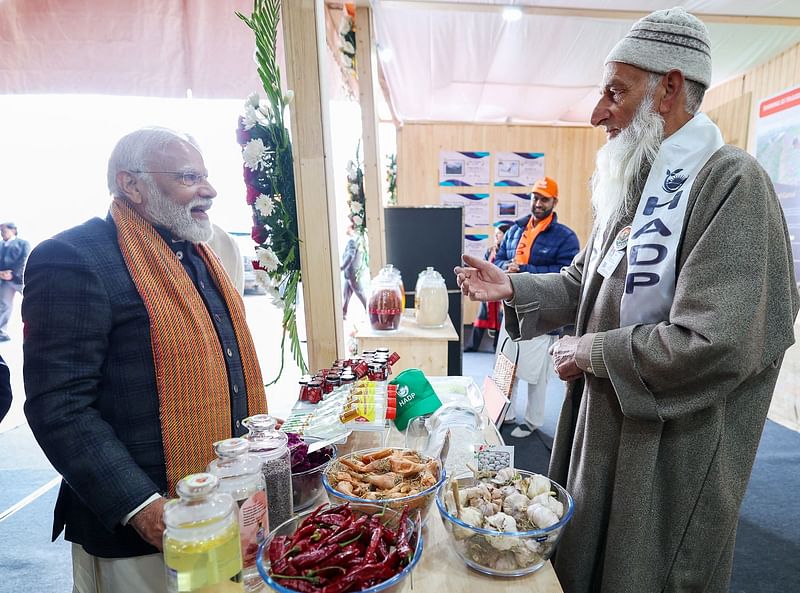 This handout photograph taken and released by the Indian Press Information Bureau (PIB) on 7 March, 2024 shows Narendra Modi during an exhibition ahead of the ‘Viksit Bharat Viksit Jammu Kashmir’ (Progressive India Progressive Jammu Kashmir) programme at the Bakshi stadium in Srinagar.