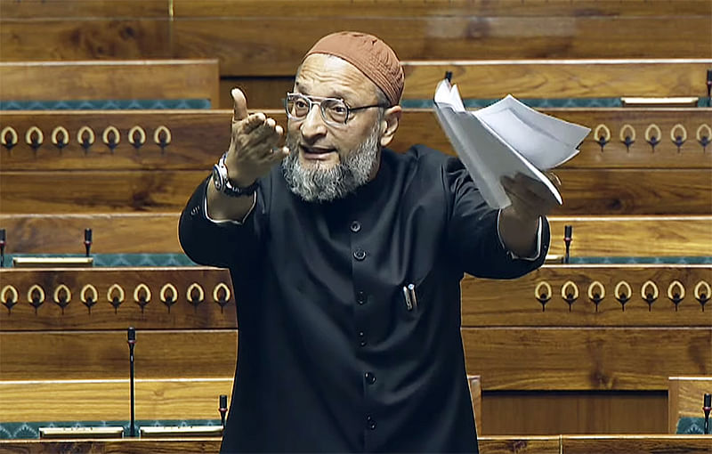 All India Majlis-e-Ittehadul Muslimeen (AIMIM) MP Asaduddin Owaisi speaks in the Lok Sabha during the Interim Budget Session of Parliament, in New Delhi on 2 February, 2024