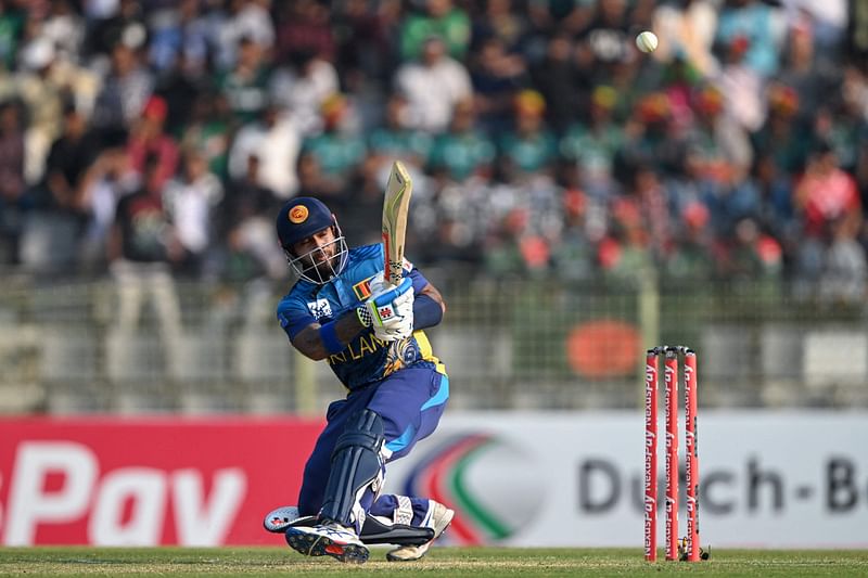 Sri Lanka's Kusal Mendis plays a shot during the third and last Twenty20 international cricket match between Bangladesh and Sri Lanka at the Sylhet International Cricket Stadium in Sylhet on March 9, 2024.