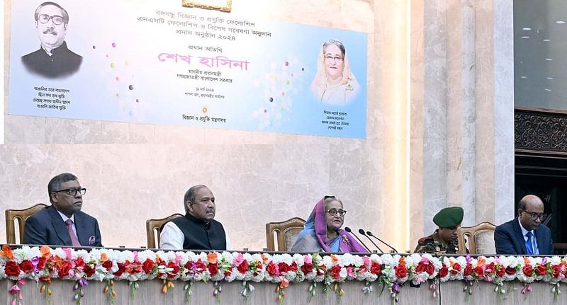 Prime minister Sheikh Hasina distributed cheques of 'Bangabandhu Science and Technology Fellowship', 'National Science and Technology (NST) Fellowship' and special research donations among teachers, scientists, researchers and students of different universities on Monday