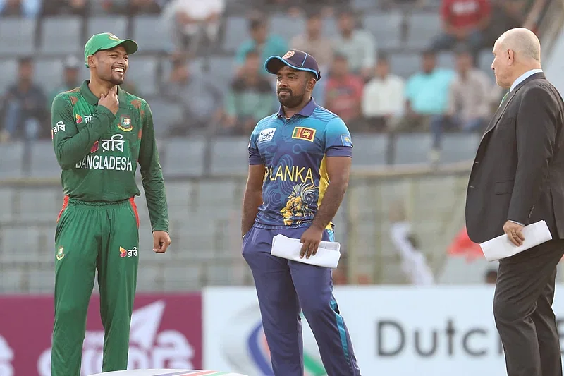 Bangladesh skipper Najmul Hossain Shanto and Sri Lanka's stand-in captain during the toss of the first T20I at Sylhet International Stadium on 4 March 2024