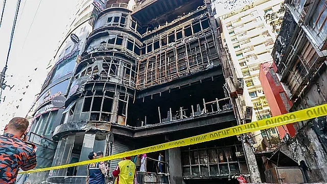 The charred building on Bailey Road in Dhaka