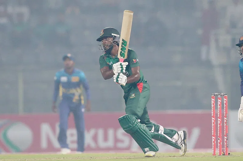 Bangladesh's Jaker Ali plays a shot in the 1st T20i against Sri Lanka at Sylhet International Stadium on 4 March, 2024