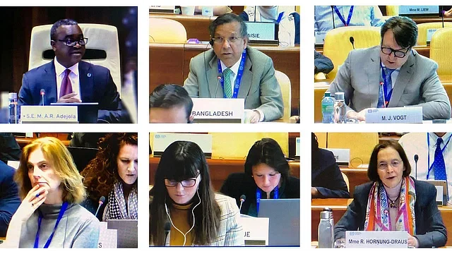 (From upper left) ILO governing body chairperson Abiodun Richards Adejola, law minister Anisul Huq, Jeffrey Vogt, rule of law director of the US-based international labour organisation Solidarity Center.
 (From bottom right) Key member of ILO’s governing body Renate Hornung-Draus (Germany), US representative Sarah Morgan and EU representative Lijne Ilyis