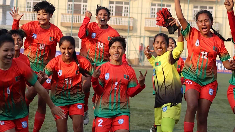 Bangladesh team celebrate win over Bhutan in the SAFF U-16 Women’s Championship at ANFA Complex in Kathmandu, Nepal, on 8 March, 2024