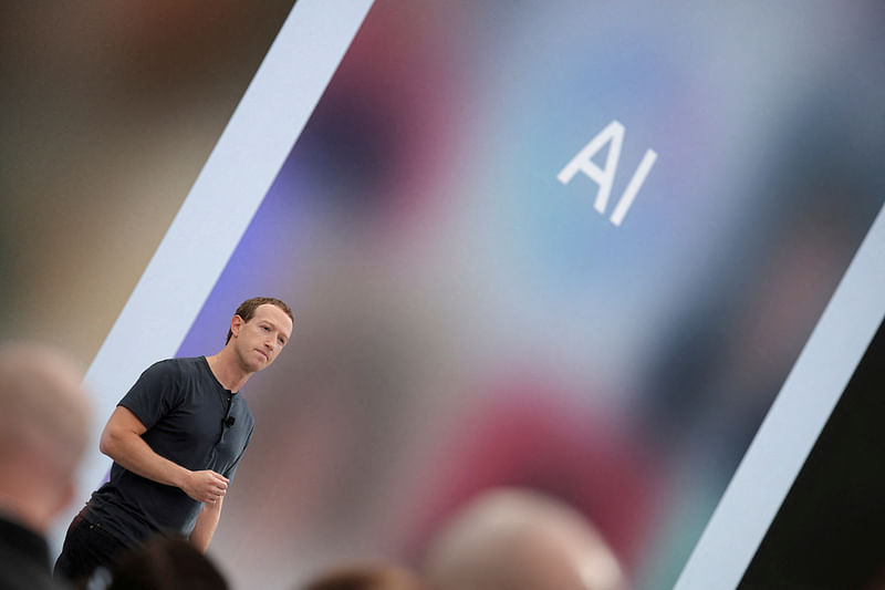 Meta CEO Mark Zuckerberg delivers a speech, as the letters AI for artificial intelligence appear on screen, at the Meta Connect event at the company’s headquarters in Menlo Park, California, US, on 27 September, 2023