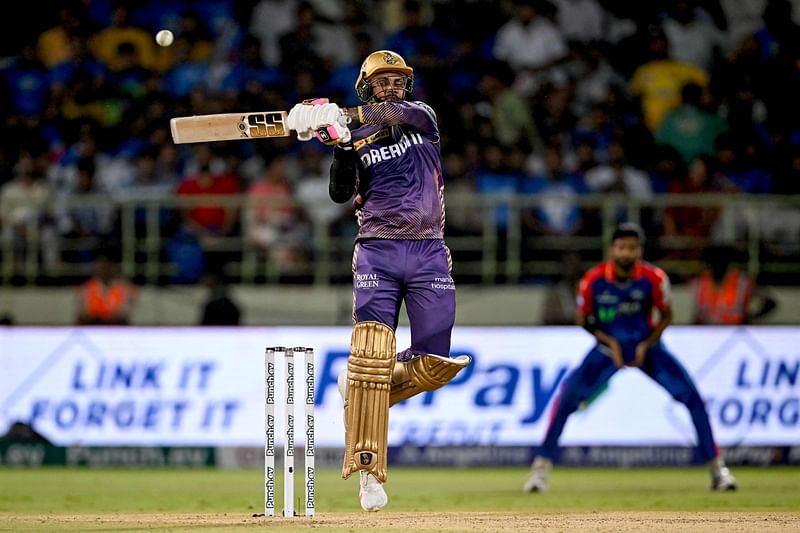 Kolkata Knight Riders’ Sunil Narine plays a shot during the Indian Premier League (IPL) Twenty20 cricket match between Delhi Capitals and Kolkata Knight Riders at the Y.S. Rajasekhara Reddy cricket stadium in Visakhapatnam on 3 April, 2024