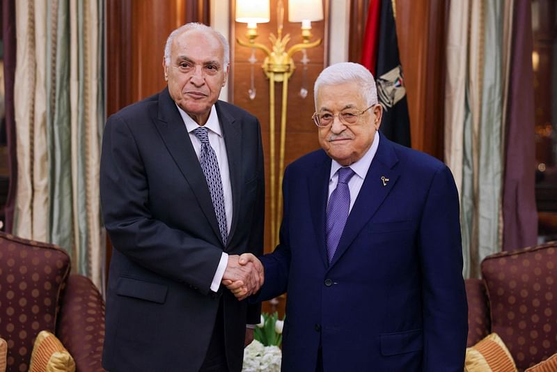 This handout picture provided by the Palestinian Authority's press office (PPO) shows Palestinian president Mahmud Abbas (R) meeting with Algeria's Foreign Minister Ahmed Attaf in Riyadh on 27 April 2024. US Secretary of State Antony Bliken is among leaders expected at a Saudi-hosted economic summit set to begin on 28 April with a strong focus on the grinding war in Gaza, organisers said.