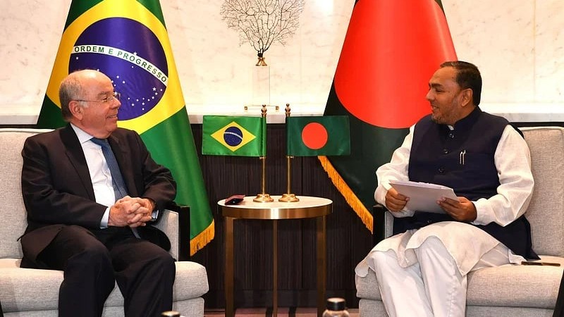 Bangladesh’s state minister for commerce Ahasanul Islam alias Titu (R) pays a courtesy call on the visiting Brazil foreign minister Mauro Vieira at a Dhaka hotel on 7 April, 2024