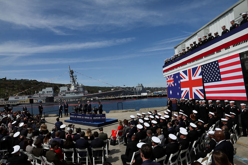 US President Joe Biden, Australian Prime Minister Anthony Albanese and British Prime Minister Rishi Sunak deliver remarks on the Australia - United Kingdom - US (AUKUS) partnership, after a trilateral meeting, at Naval Base Point Loma in San Diego, California US on 13 March, 2023