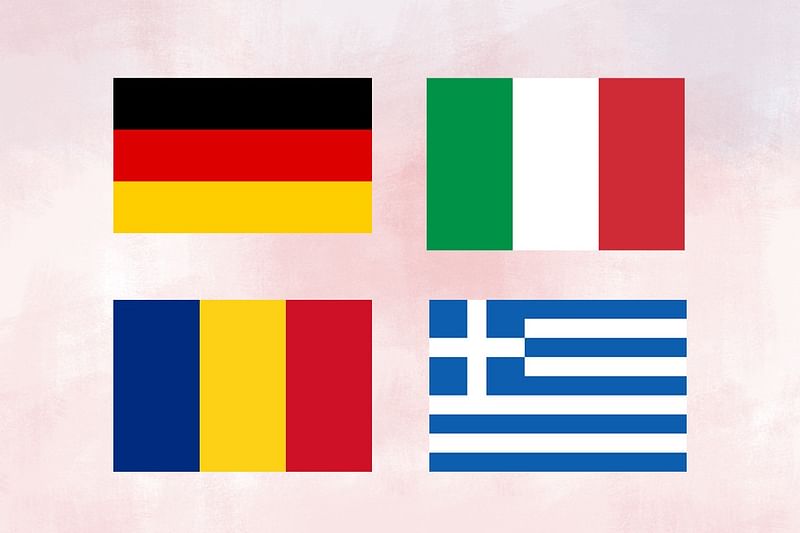 (Clockwise) Combination of photos shows the flags of Germany, Italy, Greece and Romania.