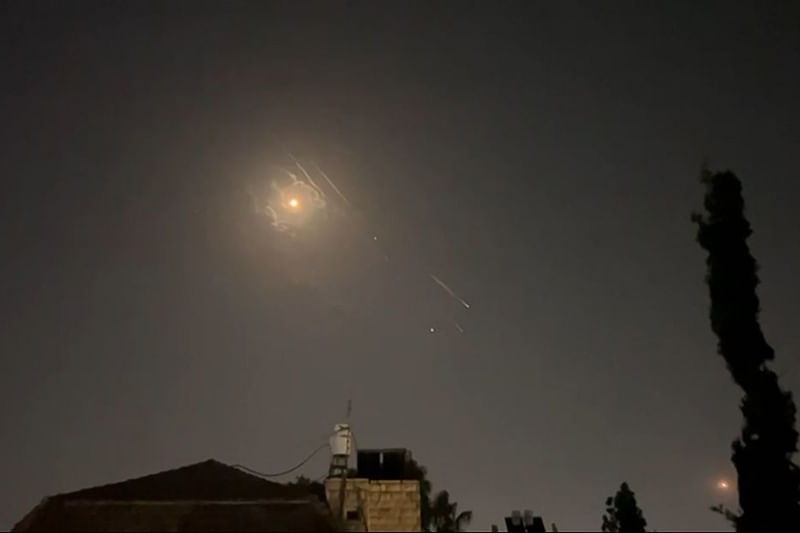 This video grab from AFPTV taken on 14 April, 2024 shows explosions lighting up Jerusalem sky during Iranian attack on Israel. Iran's Revolutionary Guards confirmed early 14 April, 2024 that a drone and missile attack was under way against Israel in retaliation for a deadly 1 April drone strike on its Damascus consulate