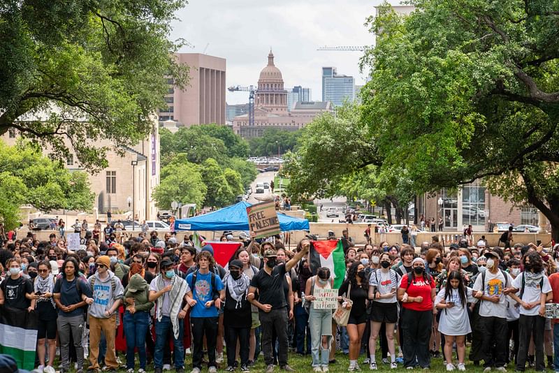 Pro-Palestinian students protest the Israel-Hamas war on the campus of the University of Texas in Austin, Texas, on 24 April, 2024