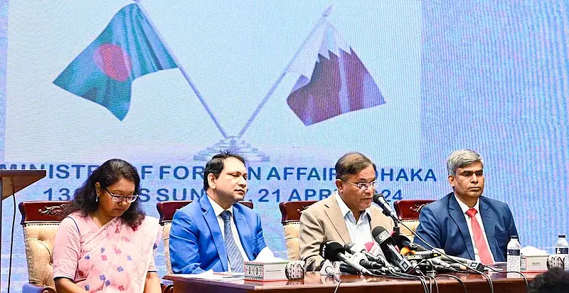 Foreign minister Hasan Mahmud (2nd R) addresses a press conference in Dhaka on 21 April, 2024