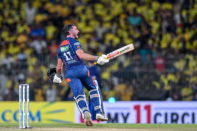 Lucknow Super Giants' Marcus Stoinis celebrates after his team's win at the end of the Indian Premier League (IPL) Twenty20 cricket match between Chennai Super Kings and Lucknow Super Giants at the MA Chidambaram Stadium in Chennai on April 23, 2024