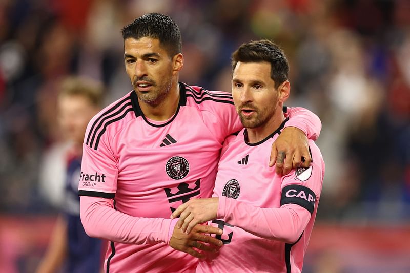 Luis Suárez #9 and Lionel Messi #10 of Inter Miami celebrate the goal of Benjamin Cremaschi #30 during the second half in the game against the New England Revolution at Gillette Stadium on 27 April, 2024 in Foxborough, Massachusetts.