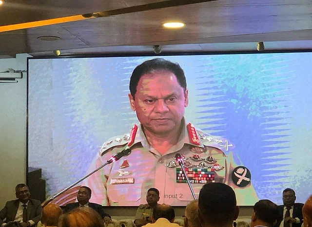 Screen shows army chief SM Shafiuddin Ahmed addressing seminar on defence diplomacy at BIISS. Dhaka, 18 April