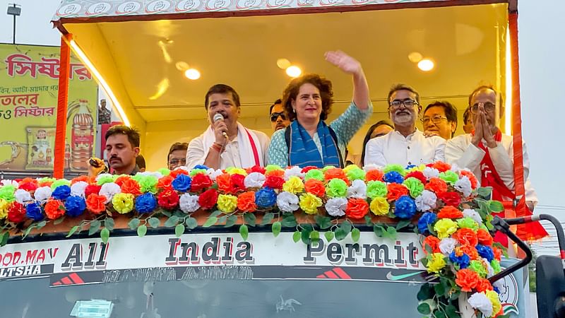 Congress General Secretary Priyanka Gandhi Vadra holds a roadshow in support of party candidate Ashish Kumar Saha for the upcoming Lok Sabha polls, in Agartala on 16 April, 2024