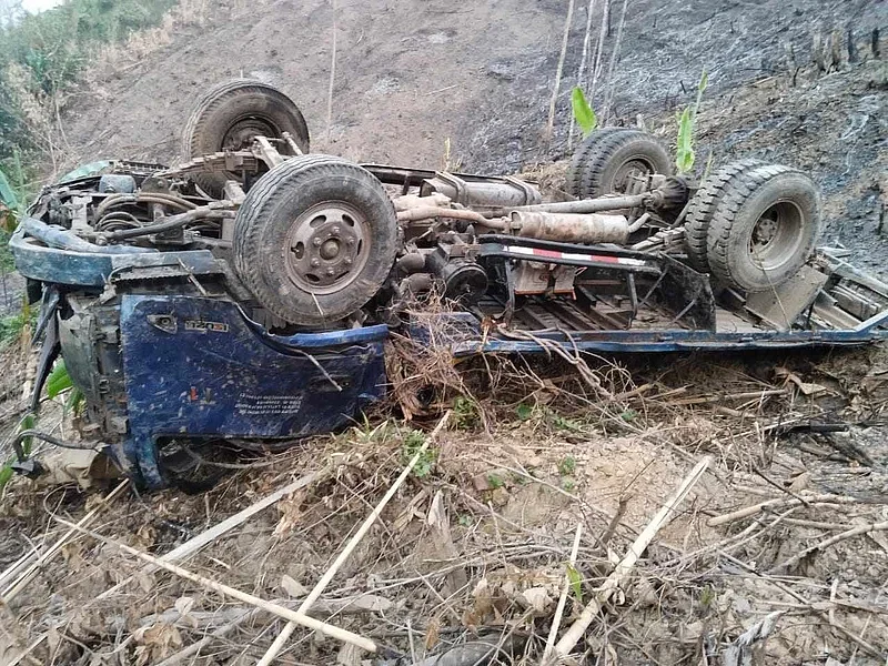 A vehicle fells in a roadside gorge in Sajek, Rangamati