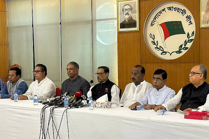 Awami League general secretary Obaidul Quader addresses the press conference