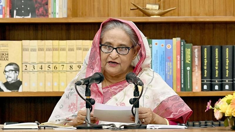 Bangladesh Awami League president Sheikh Hasina addresses a media conference on her Thailand visit at the Ganabhaban, her official residence, on 2 May, 2024